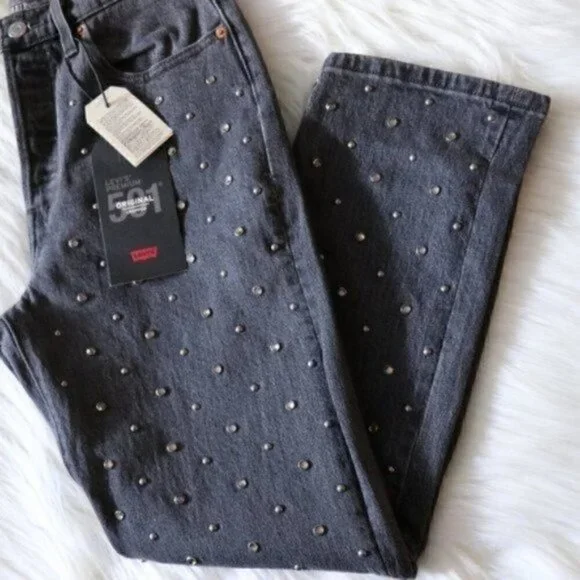 NWT Levis Jeans 501 Crop Crystal Jeans Size 27 Rhinestone High Rise Straight Leg